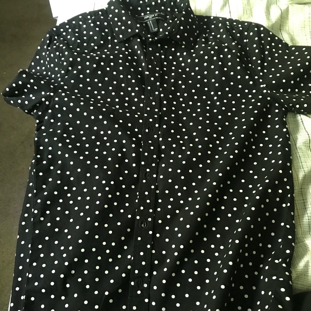 Black polka dot button up tee shirt
